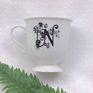 Anthropologie Monogram Initial “N” Script White Pedestal Tea Cup